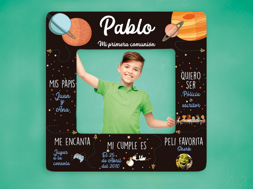 Photocall comunión Espacio Mi historia niño + Cartel